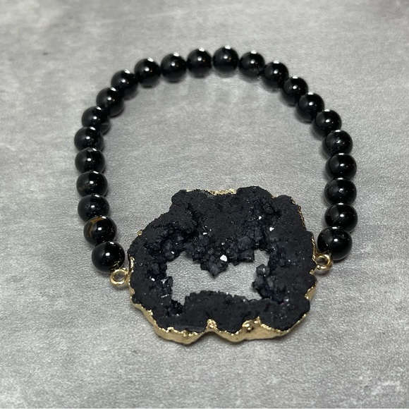 Black Tourmaline with Black Agate stretch bracelet - Picture 2 of 3